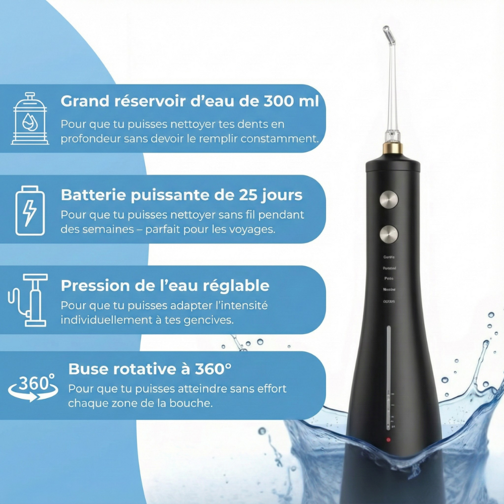 Jet Dentaire Sans Fil – Hydropulseur Rechargeable Soin complet dents et gencives – 3 modes, 4 embouts Réservoir 300 ml, 30-120 PSI, étanche IPX7