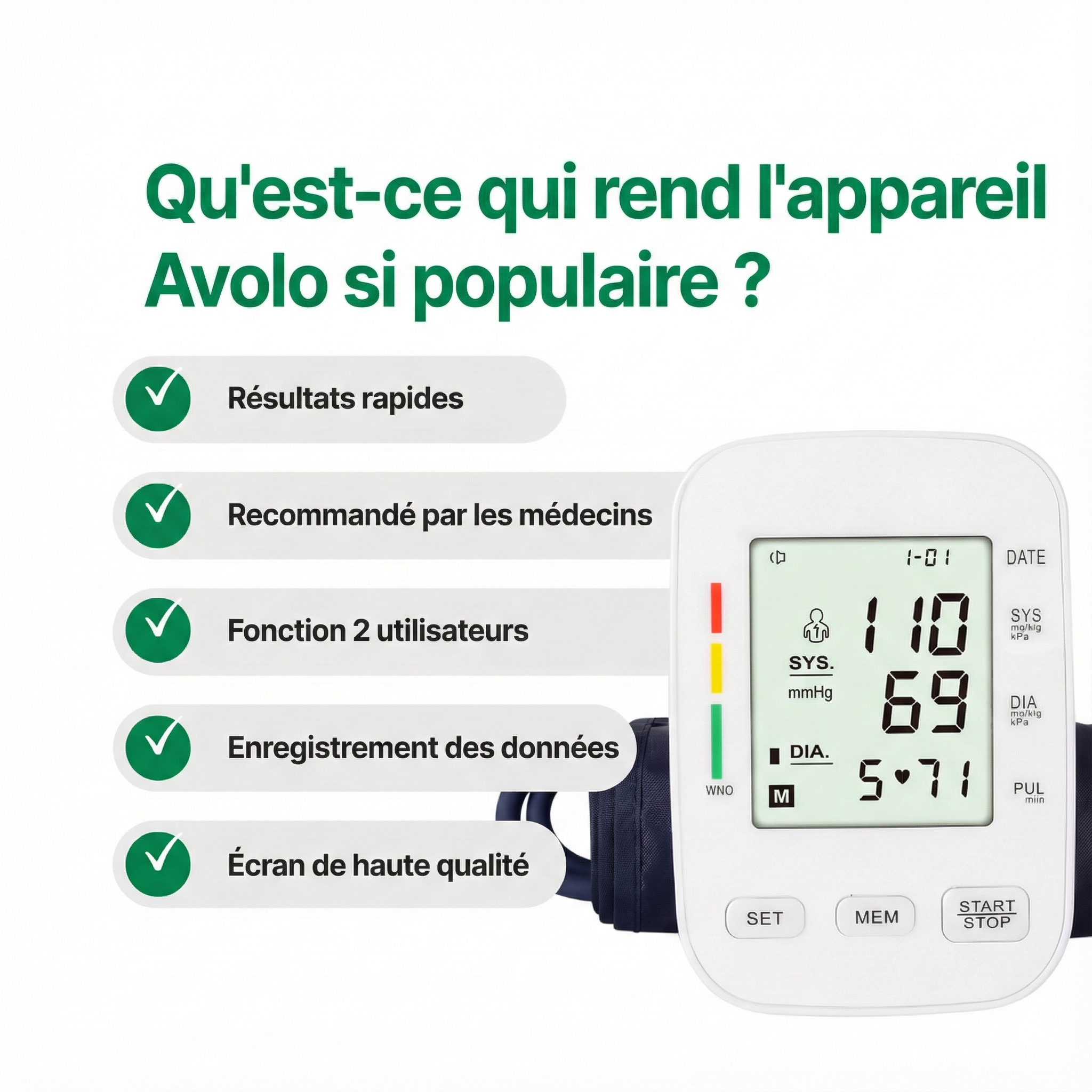 Tensiomètre Électronique à Bras – Écran Digital Brassard confortable avec mémoire – Mesure tension et pouls