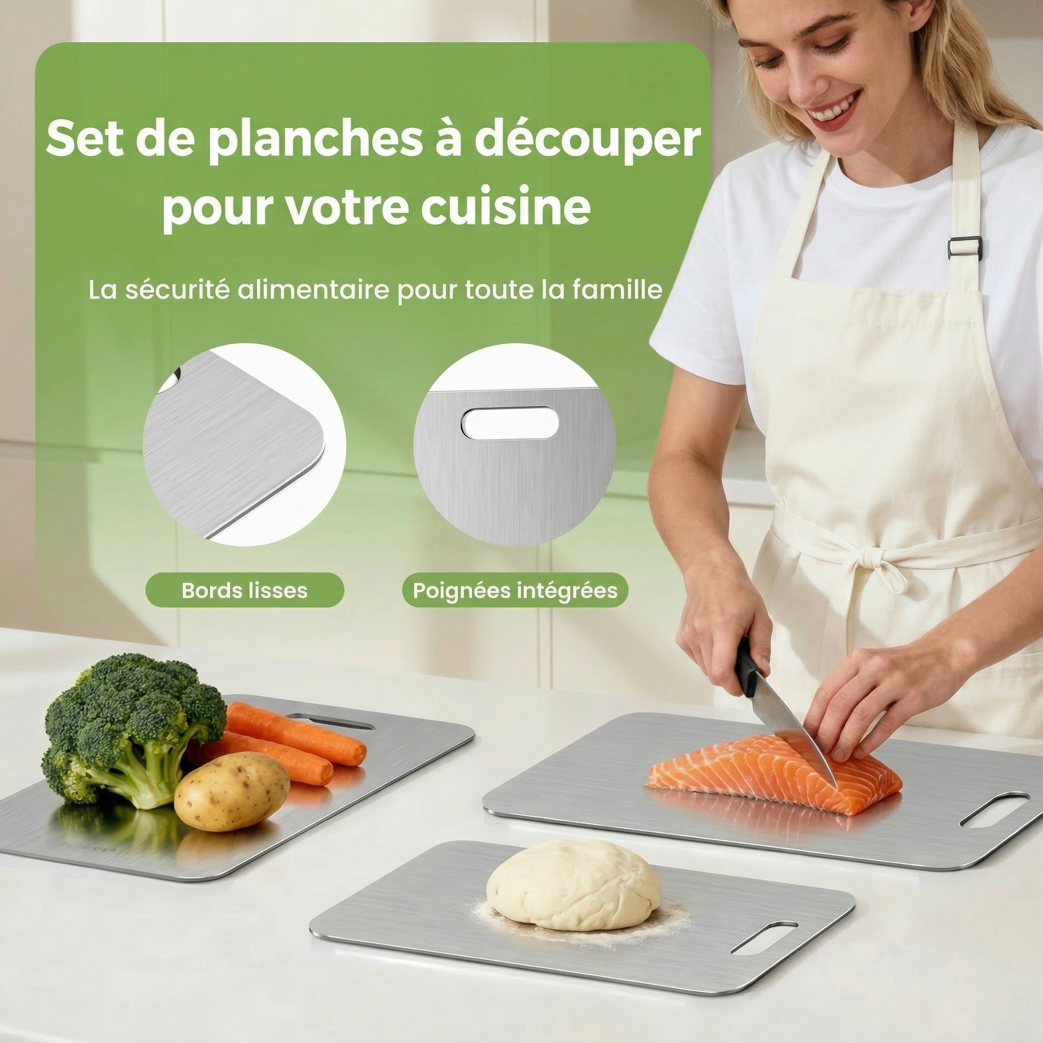 Avolo Planche à découper en inox — 100 % acier inoxydable, sans substances nocives, compatible lave-vaisselle