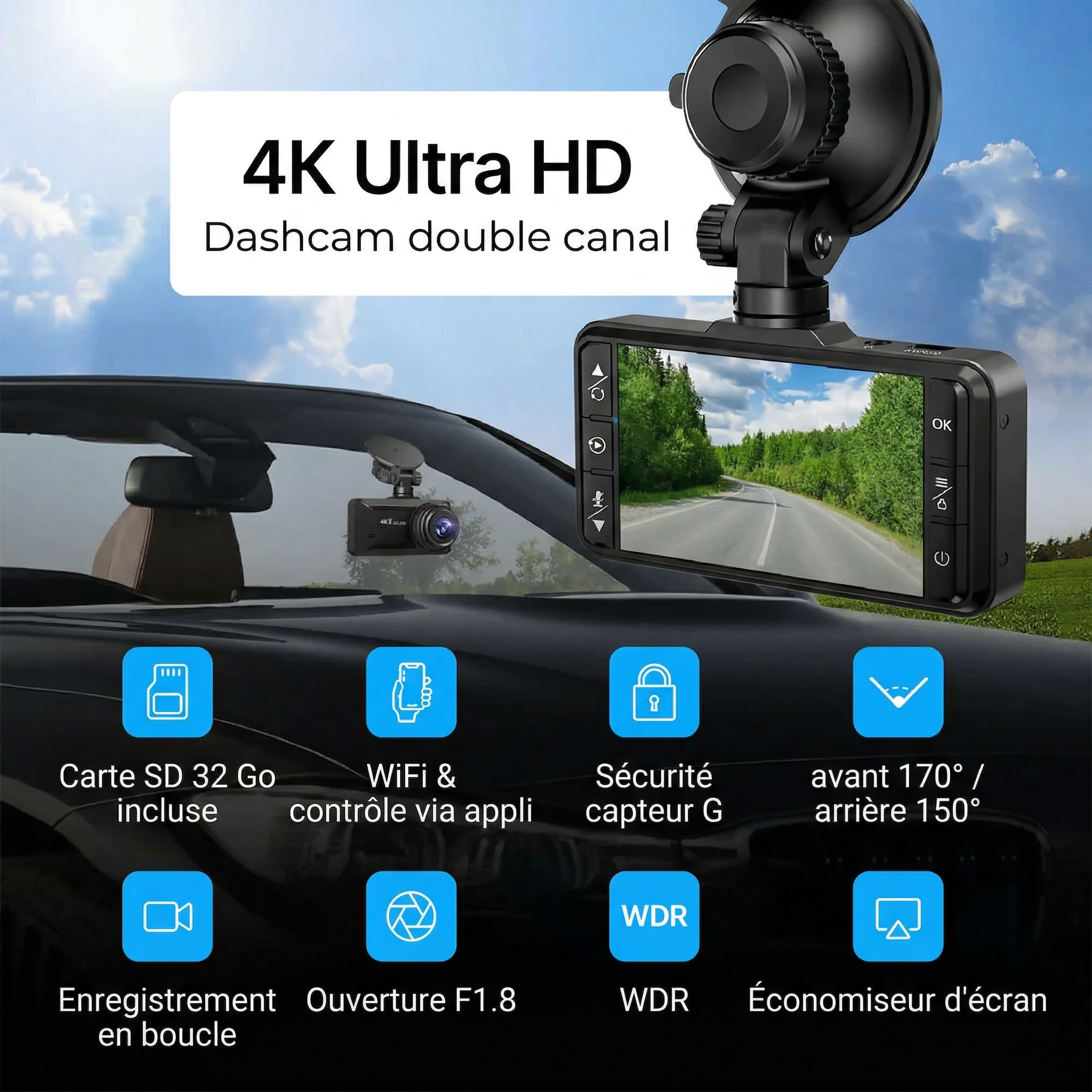 Dashcam 4K Ultra HD – Écran 3,9" – Avolo